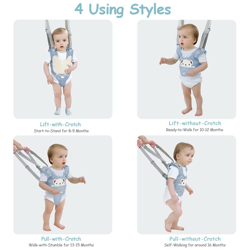 Ocanoiy Baby Walking Harness Handheld Baby Walker Assistant Belt Adjustable Toddler Infant Walker Safety Harnesses Standing Up Walking Learning Helper with Detachable Crotch for 9-24 Month Old (Blue) - Image 5